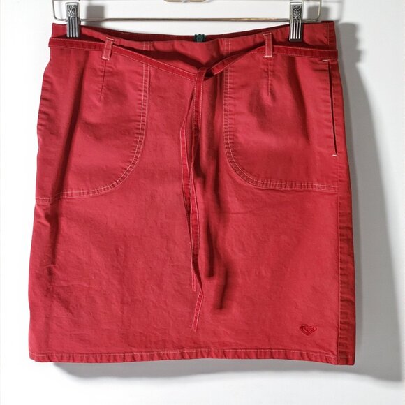 Roxy Red Stretch Cotton Mini Skirt Size 5 – Belted with Pockets & Surf Stripe - Picture 3 of 10